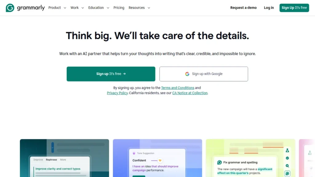 Grammarly front-page screenshot – best AI tools for students