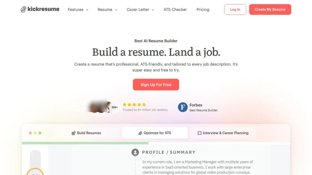 Kickresume front-page screenshot